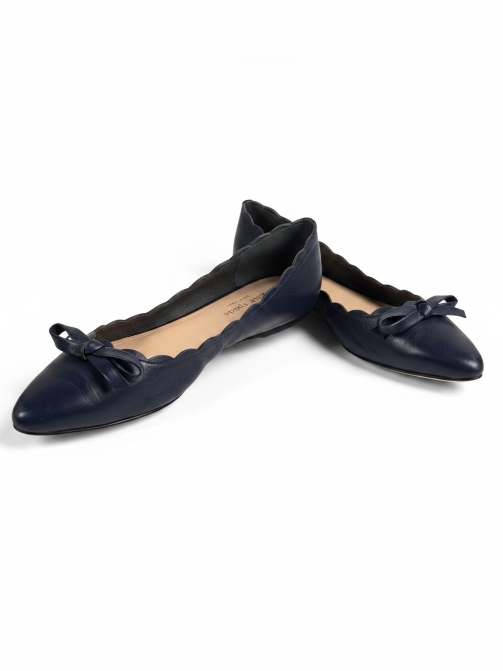 Kate Spade Navy Scalloped Leathwr Pointed Toe Bow Ballet Shoe Slip On Flat 7.5